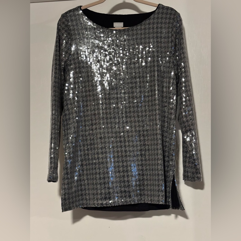 Chico's Silver Sequin Houndstooth Long Sleeve Sco… - image 1
